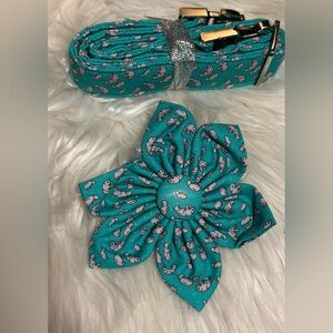 Teal Floral Accessory Set. Bow and collar